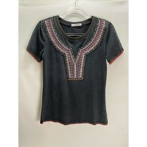 Delila Texas Western Short Sleeve T-Shirt Black Studded Embroidered Size XS